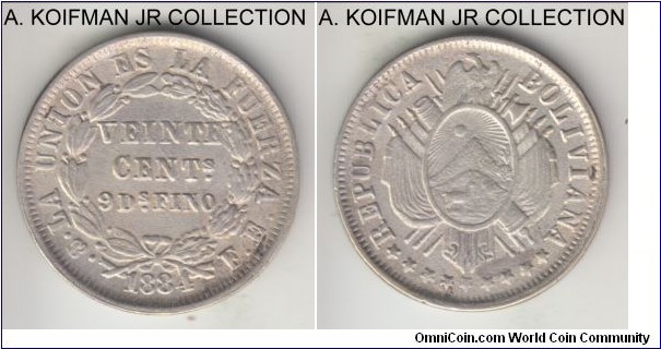 KM-159.1, 1884 Bolivia 20 centavos, Potosi mint (PTS mintmark in monogram), FE essayer initials; silver, reeded edge; almost uncirculated details, weakly struck with degraded and rusted dies as commonly found.