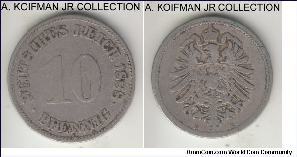 KM-4, 1888 Germany 10 pfennig, Muldenhutten mint (E mint mark); copper-nickel, plain edge; Wilhelm I, well circulated and cleaned.