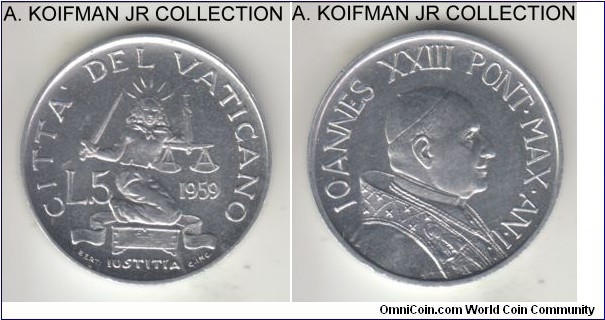 KM-60.1, 1959 Vatican 5 lire; aluminum, plain edge; Year I of John XXIII, 1-year type (with original AN legend), mintage 25,000, brilliant uncirculated.
