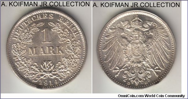 KM-14, 1914 Germany (Empire) mark, Munich mint (D mint mark); silver, reeded edge; Wilhelm II, choice uncirculated, couple of edge toning spots.