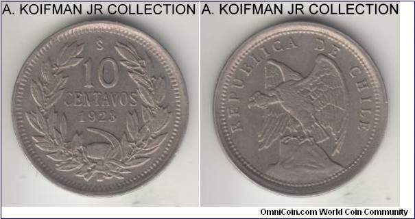 KM-166, 1923 Chile 10 centavos, Santiago mint (So mint mark); copper-nickel, plain edge; scarcer year, nicer good extra fine.