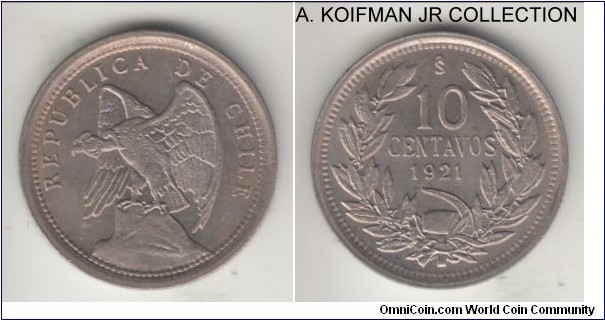 KM-166, 1921 Chile 10 centavos, Santiago mint (So mint mark); copper-nickel, plain edge; lustrous uncirculated.
