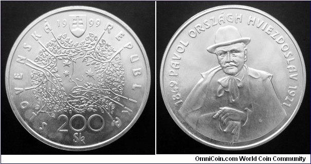 Slovakia 200 korun. 1999, Pavol Orszagh Hviezdoslav. Ag 750. Weight; 20g. Diameter; 34mm. Mintage: 12.700 pcs.