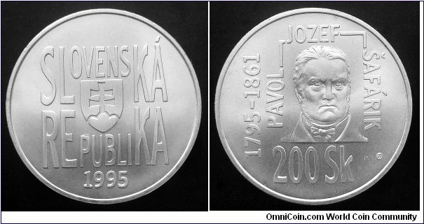 Slovakia 200 korun. 1995, Pavol Josef Safarik. Ag 750. Weight; 20g. Diameter; 34mm. Mintage: 25.000 pcs. 