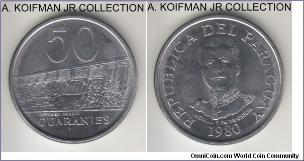 KM-169, 1980 Paraguay 50 guaranies, Rio de Janeiro mint; stainless steel, plain edge; 3-year circulation issue commemorating Marshal Estegarribia, uncirculated.