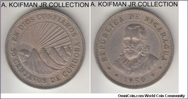 KM-19.1, 1950 Nicaragua 50 centavos, Royal Mint (London); copper-nickel, lettered edge BNN; smaller mintage year, extra fine or about.
