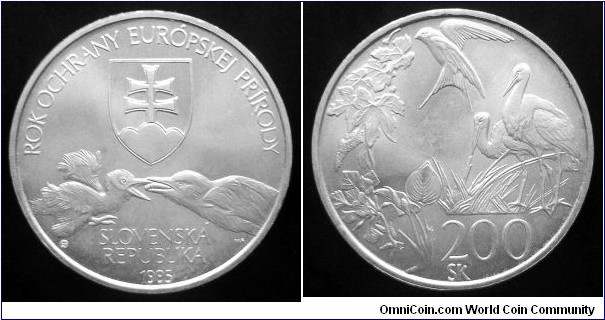 Slovakia 200 korun. 1995, European Environmental Protection. Ag 750. Weight; 20g. Diameter; 34mm. Mintage: 28.000 pcs.

