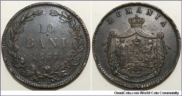 10 Bani (Principality of Romania / Domnitor (Prince) Carol I // Copper 10g / Heaton Mint) 