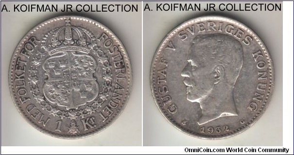 KM-786.2, 1932 Sweden krona; silver, reeded edge; Gustaf V, very fine details, cleaned.