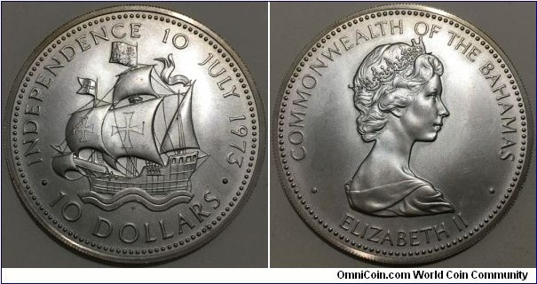 10 Dollars (Commonwealth of the Bahamas / Queen Elizabeth II / Commemorative issue - Independence 10 July 1973 // SILVER 0.925 / 49.7g / ⌀50mm / Low Mintage: 28.203 pcs)