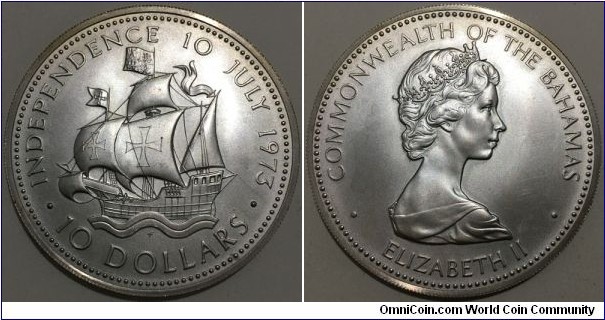 10 Dollars (Commonwealth of the Bahamas / Queen Elizabeth II / Commemorative issue - Independence 10 July 1973 // SILVER 0.925 / 49.7g / ⌀50mm / Low Mintage: 28.203 pcs)