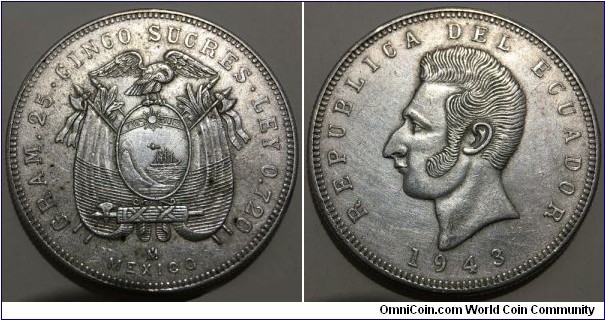 5 Sucres (Republic of Ecuador // SILVER 0.720 / 25g / ⌀37.8mm / Mintage: 1.000.000 pcs)
