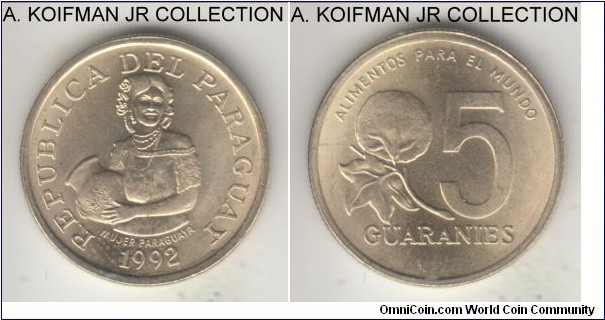 KM-166a, 1992 Paraguay 5 guaranies, Santago mint (no mint mark); nickel brass, reeded edge; 1-year circulation FAO commemorative, bright uncirculated.