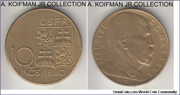 KM-139.1, 1990 Czechoslovakia 10 Korun, Kremnica mint; nickel-bronze, segment reeded edge; Masaryk circulation commmoenrative, average uncirculated.