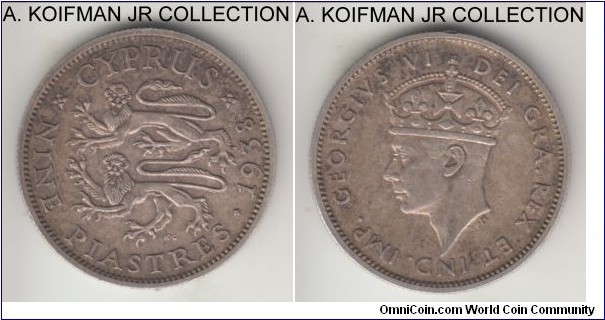 KM-25, 1938 Cyprus 9 piastres; silver, reeded edge; George VI, 2-year type, plesantly toned extra fine or about.