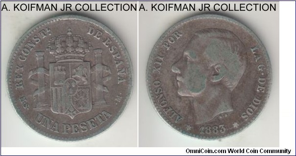KM-686, 1883(83) Spain peseta, MS-M; silver, lettered edge; Alfonso XII, good fine.