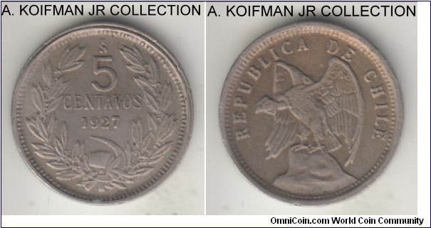 KM-165, 1927 Chile 5 centavos; copper-nickel, plain edge; defiant condor on the rock, very fine to good very fine, slightly mis-aligned obverse die.