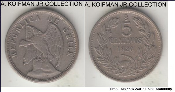 KM-165, 1920 Chile 5 centavos, Santiago mint (So mint mark); copper-nickel, plain edge; first year of the type and smaller mintage, very fine or almost.
