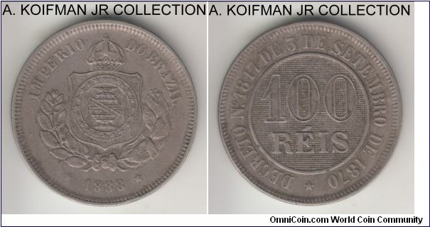 KM-483, 1888 Brazil (Empire) 100 reis; copper-nickel, plain edge; Pedro II late issue, extra fine or so and lightly toned.