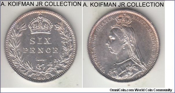 KM-760, 1888 Great Britain 6 pence; silver, reeded edge; Victoria, Jubilee head obverse, bright choice uncirculated.