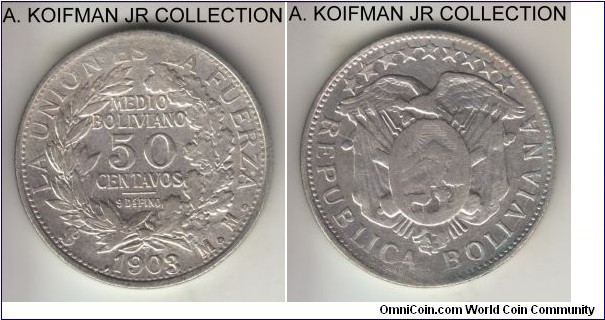 KM-175.1, 1903 Bolivia 50 centavos, Potosi mint (PTS in monogram), MM assayer; silver, reeded edge; regular date (nor overdate), but variety where 3 in the date is low and touches the inner beads of the rim, 3 was also re-cut.