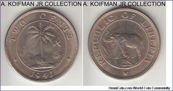 KM-12a, 1941 Liberia 2 cents; copper-nickel, plain edge; large for the denomination, choice uncirculated.
