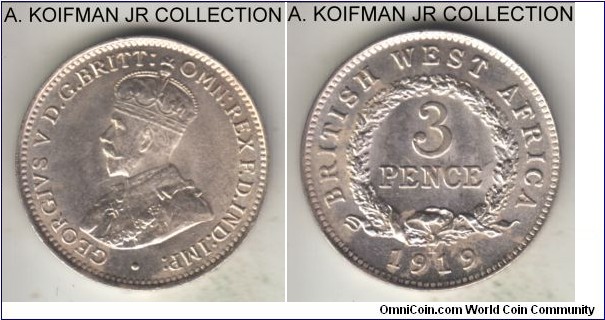 KM-10, 1919 British West Africa 3 pence, Heaton mint (H mintmark); silver, plain edge; George V, last and most common year of the type, bright white as minted choice or better, minor reverse toning.