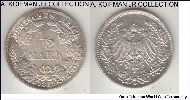 KM-17, 1915 Germany (Empire) half mark, Munich mint (D mint mark); silver, reeded edge; Wilhelm II, choice uncirculated, bright with some small toning area.