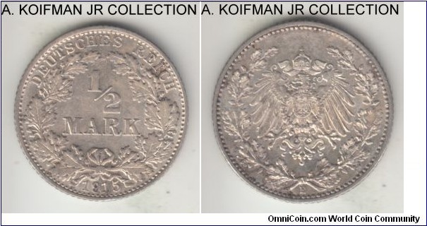 KM-17, 1915 Germany (Empire) half mark, Muldenhutten mint (E mint mark); silver, reeded edge; Wilhelm II, uncirculated, bright with some toning.