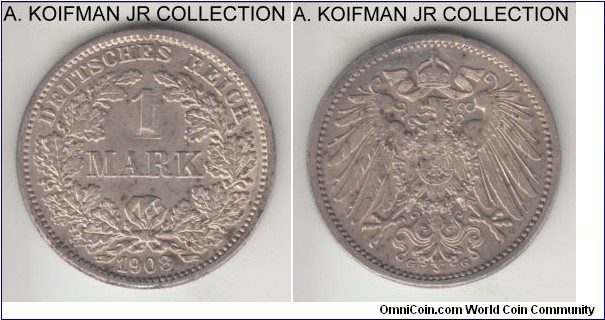 KM-14, 1908 Germany (Empire) mark, Karlsruhe mint (G mint mark); silver, reeded edge; Wilhelm II, scarcer mint with smallest mintage for the year, borderline uncirculated, some minor toning.