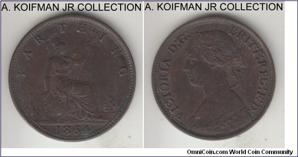 KM-747.2, 1864 Great Britain farthing; bronze, plain edge; Victoria, dark brown good very fine to almost extra fine.
