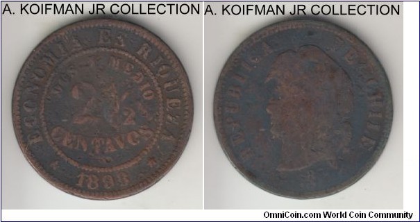 KM-150, 1898 Chile 2 1/2 centavos; copper, plain edge; very good or so details, multiple nicks and some corrosion.