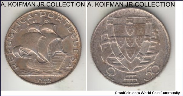 KM-580, 1942 Portugal 2 1/2 escudos; silver, reeded edge; toned good extra fine or better.