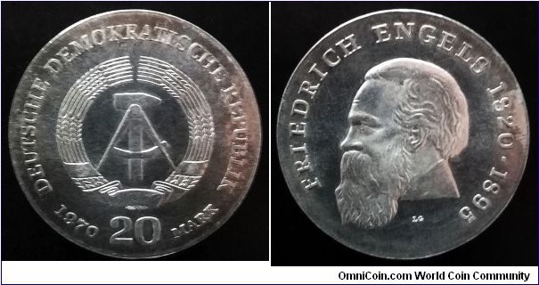 German Democratic Republic (East Germany) 20 mark. 1970, Friedrich Engels. Ag 625. Weight; 20,9g. Diameter; 33mm.