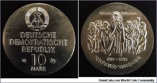 German Democratic Republic (East Germany) 10 mark. 1983, Richard Wagner. Ag 500. Weight; 17g. Diameter; 31mm.