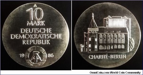 German Democratic Republic (East Germany) 10 mark. 1986, 275th Anniversary of Charité in Berlin. Ag 500. Weight; 17g. Diameter; 31mm.