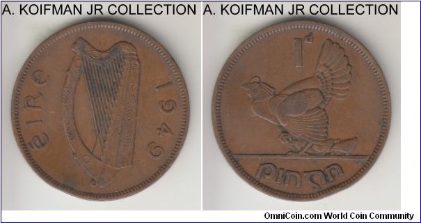 KM-11, 1949 Ireland penny; bronze, plain edge; pre-decimal Republican coinage, brown very fine or about, rim bump.