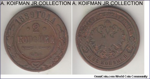 Y-10.2, 1889 Russia (Empire) 2 kopeks, St. Petersburg mint (СПБ mint mark); copper, reeded edge; Alexander III, very good details.