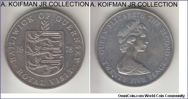 KM-32, 1978 Guernsey 25 pence; copper-nickel, reeded edge; Elizabeth II, 1-year type crown commemorating the Royal visit, average uncirculated.