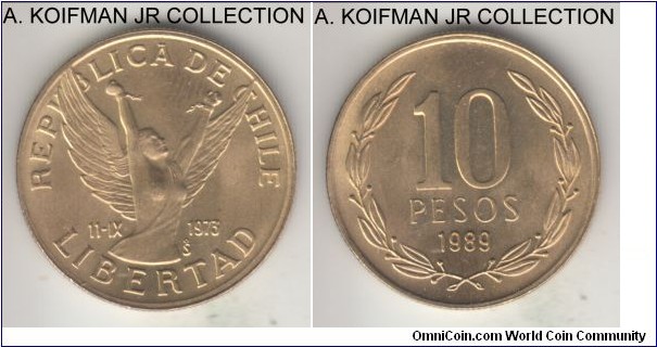 KM-218.2, 1989 Chile 10 pesos, Santiago mint (So mint mark); nickel-brass (Numista) or aluminum-bronze (Krause), reeded edge; bright uncirculated.