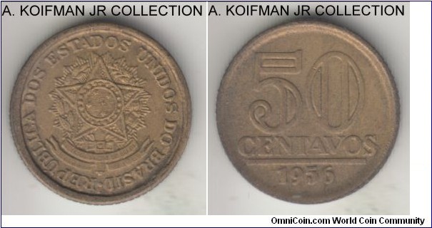 KM-566, 1956 Brazil 50 centavos; aluminum brass (Numista) or aluminum-bronze (Krause), reeded edge; 1-year type, average uncirculated.