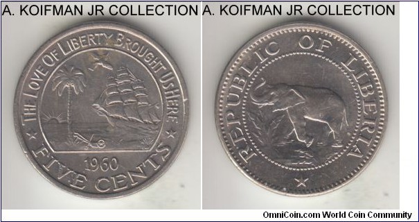 KM-14, 1960 Liberia 5 cents, Philadelphia (US) mint; copper-nickel, plain edge; average uncirculated, some reverse toning.