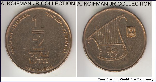 KM-159, 1988 Israel 1/2 sheqel, Jerusalem mint (no mint mark); aluminum-bronze, plain edge; circulation coinage, tiny mintage of 20,000, mostly in mint sets average slightly toned uncirculated.