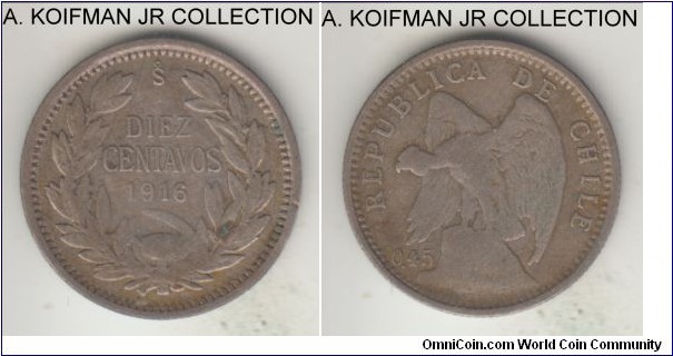 KM-156.3, 1916 Chile 10 centavos, Santiago mint (So mint mark); silver, reeded edge; good fine or so, fast circulated due to reduced silver content.