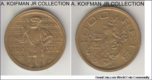 KM-531, 1932 Brazil (Republic) 1000 reis; aluminum-bronze, reeded edge; 400'th anniversary of the colonization commemorative one year issue, scarce with mintage of 56,000 (Krause) or 56,214 (Numista), uncirculated.