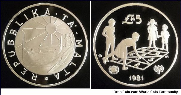 Malta 5 liri. 1981, International Youth Conference - UNICEF. Ag 925. Weight; 28,28g. Diameter; 38,6mm. Proof. Mint; Valcambi SA, Balerna (Switzerland) Mintage: 11.000 pcs.