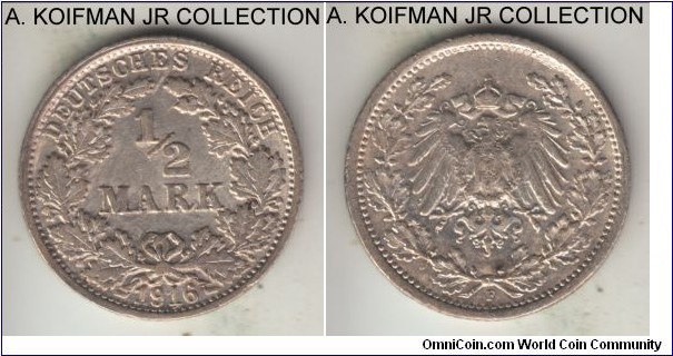 KM-17, 1916 Germany (Empire) 1/2 mark, Stuttgart mint (F mint mark); silver, reeded edge; Wilhelm II, average uncirculated, tiny obverse spot.
