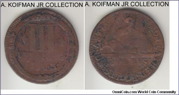 KM-430, 1743 German States Chapter of Munster Cathedral 3 pfenning; copper; St. Paul with the sword and bible, scarcest year of the type, good or slightly better, visible date.