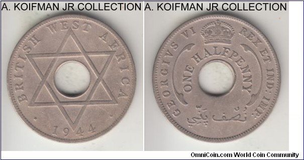 KM-18, 1944 British West Africa 1/2 penny, Royal Mint (no mint mark); copper-nickel, holed flan, plain edge; George VI war time, appear to be the scarcest of the type, good fine to very fine, old cleaning.