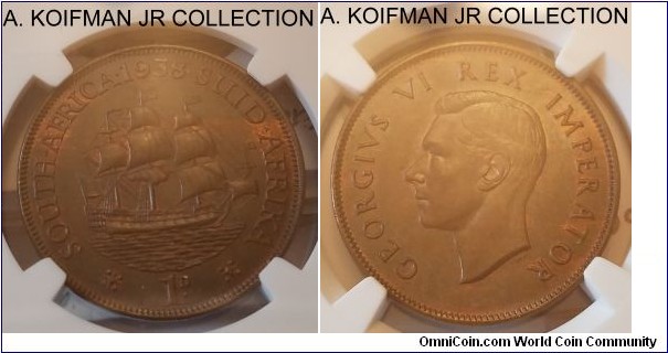 KM-25, 1938 South Africa (Dominion) penny; bronze, plain edge; George VI, NGC graded MS 63 BN.
